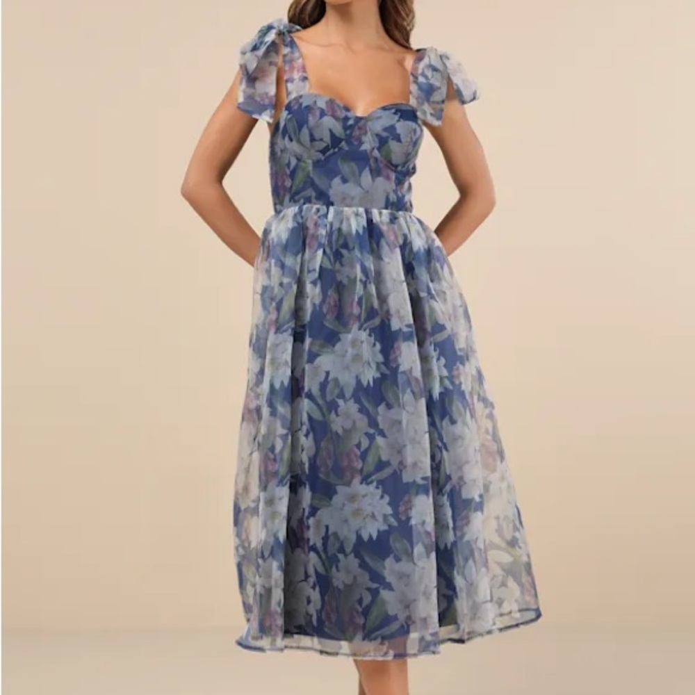 Exceptionally Marvelous Blue Floral Organza Bustier Midi Dress